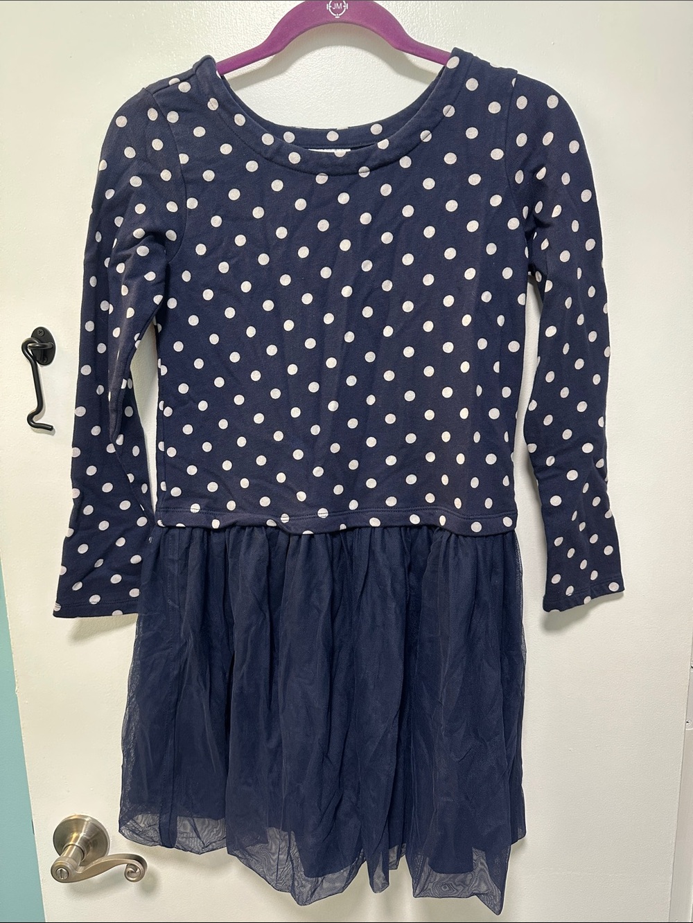 Hanna Andersson Navy and White Polka Dot Long-Sleeve Tulle dress size 12